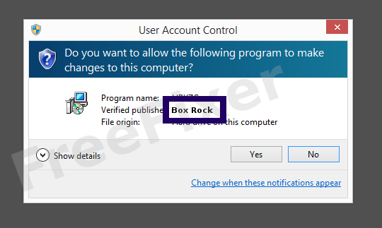 Screenshot where Box Rock appears as the verified publisher in the UAC dialog